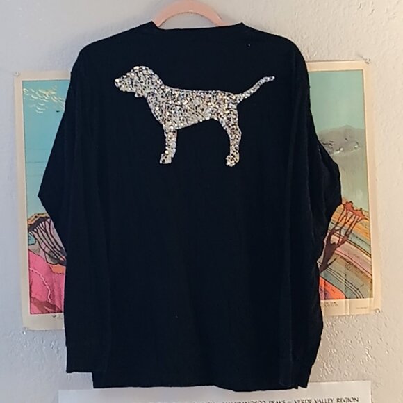 PINK Victoria's Secret Gold Sequin Dog Black Medium Black Long Sleeve Tee - Picture 5 of 5